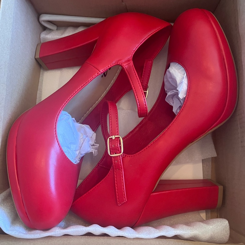 Soda Red Mary Jane Block Heel Pumps
